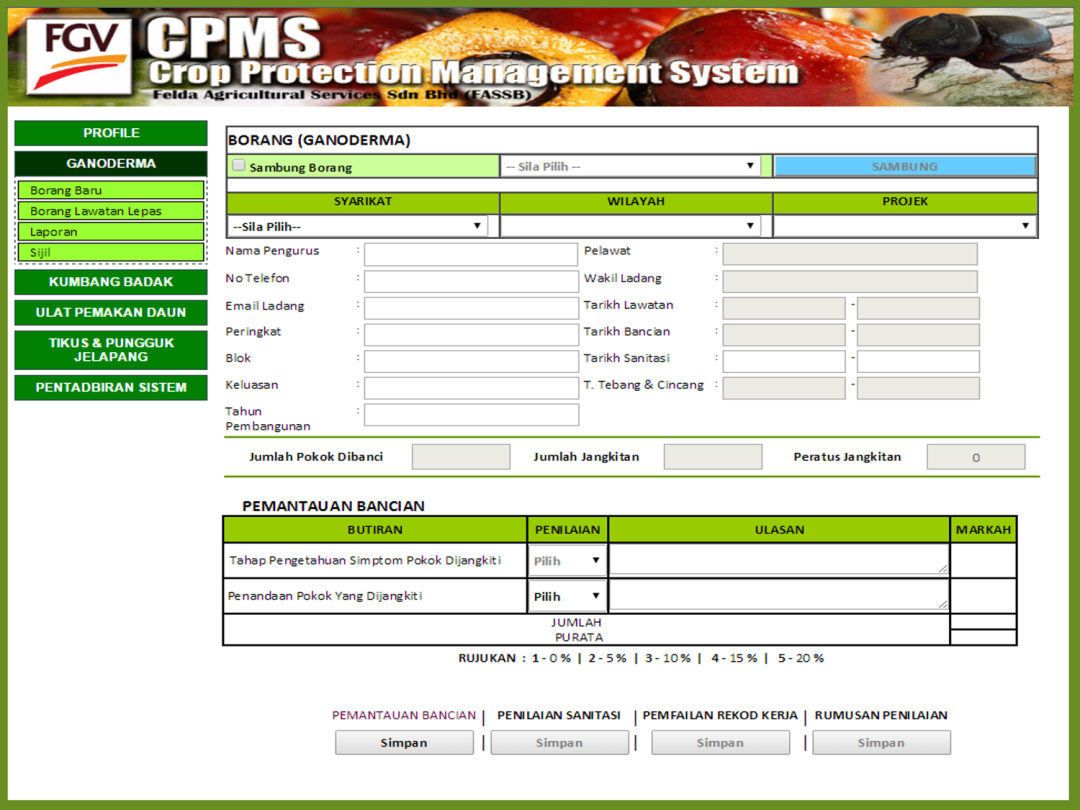 Crop Protection Management System dashboard for oil palm pest monitoring