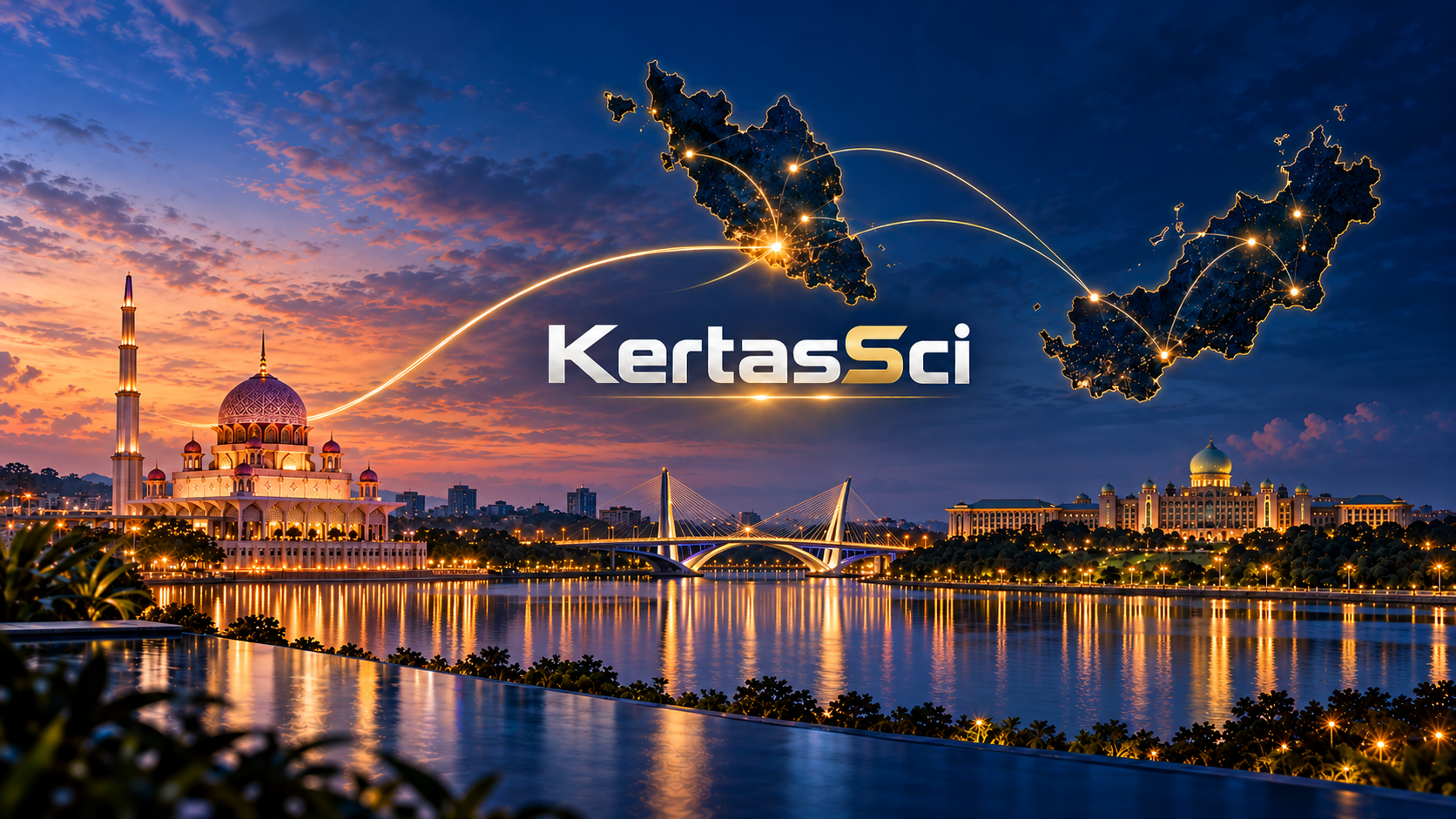 Putra Mosque and Putrajaya waterfront at dusk