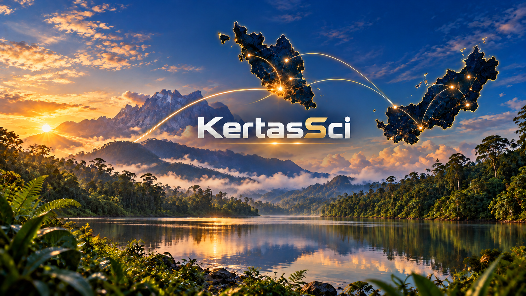 Malaysian rainforest, river and mountains at sunrise