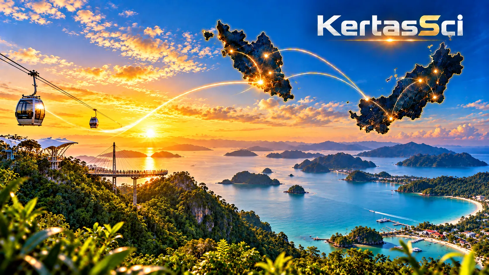 Langkawi cable car and islands at sunset