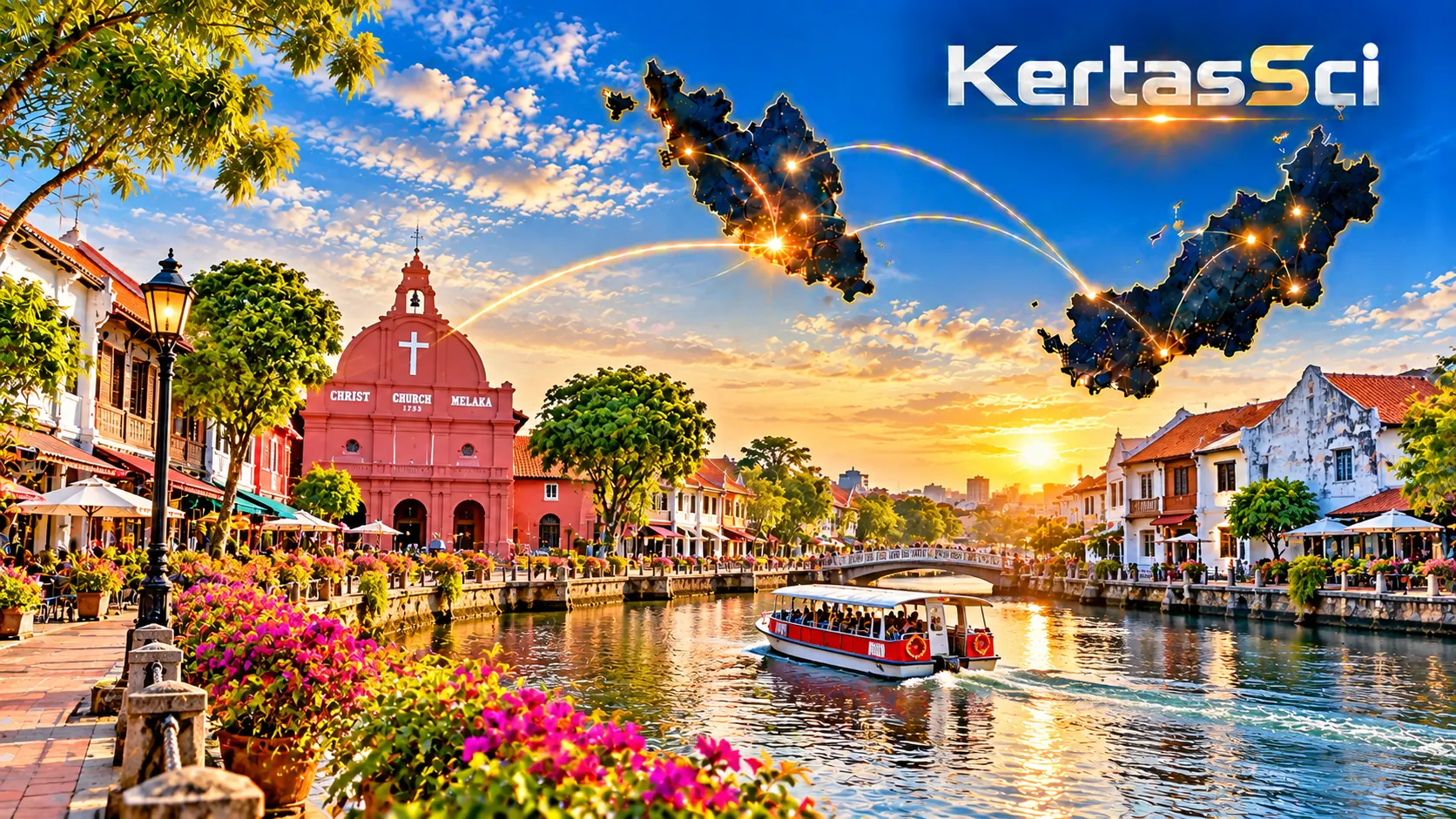 Christ Church and the Melaka River waterfront at sunset