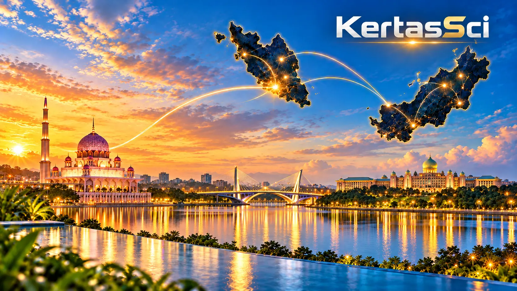 Putra Mosque and Putrajaya waterfront at dusk