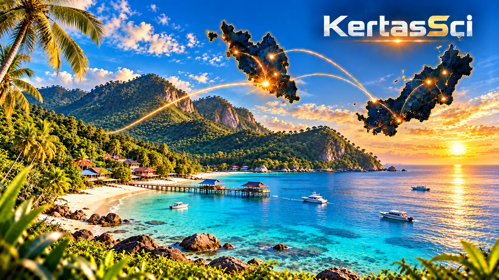 Tioman Island beach, jetty and rainforest hills